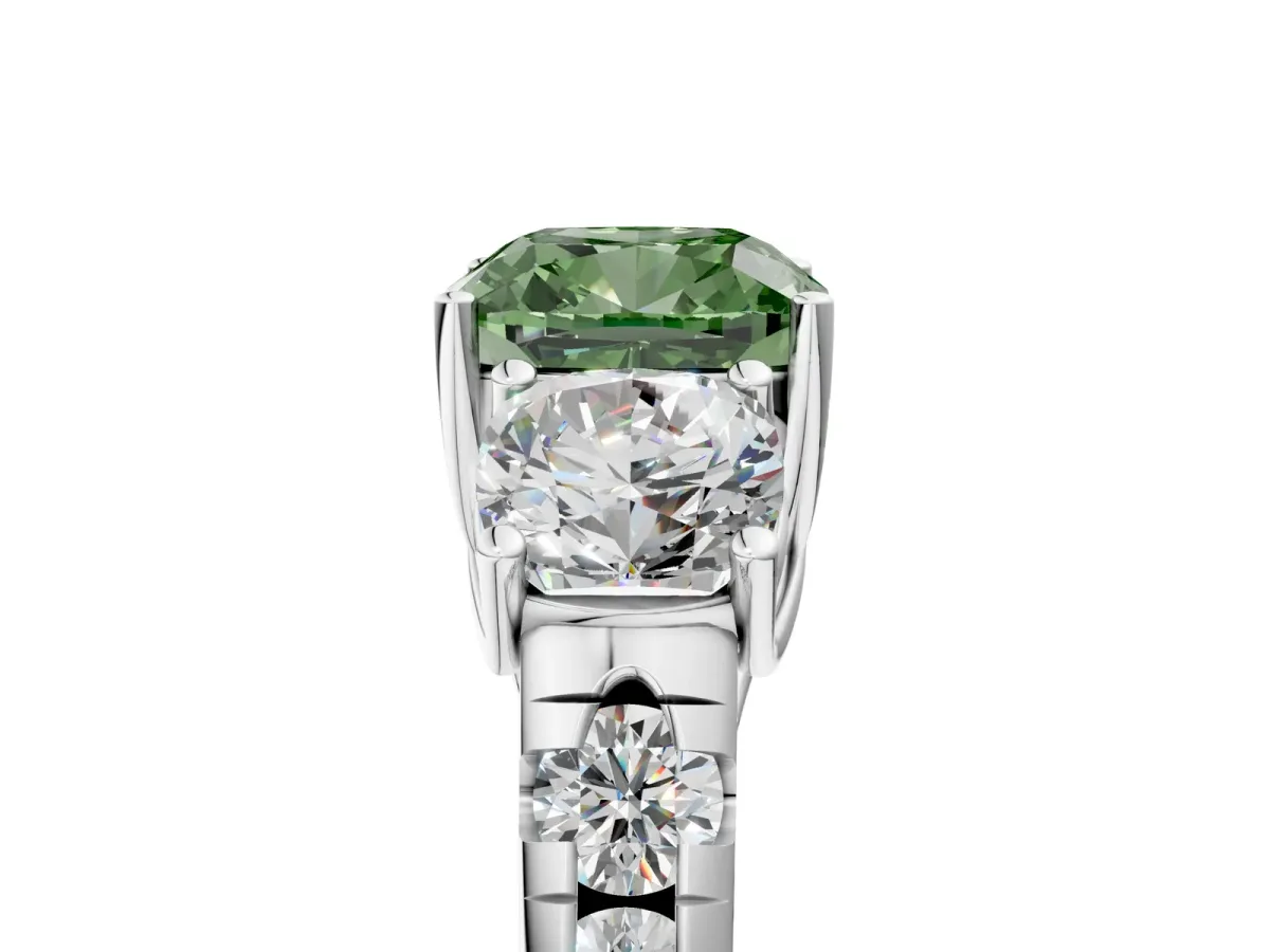 Fancy Green Three-Stone Cushion Cut Diamond Pavé Band with Prong Setting Platinum