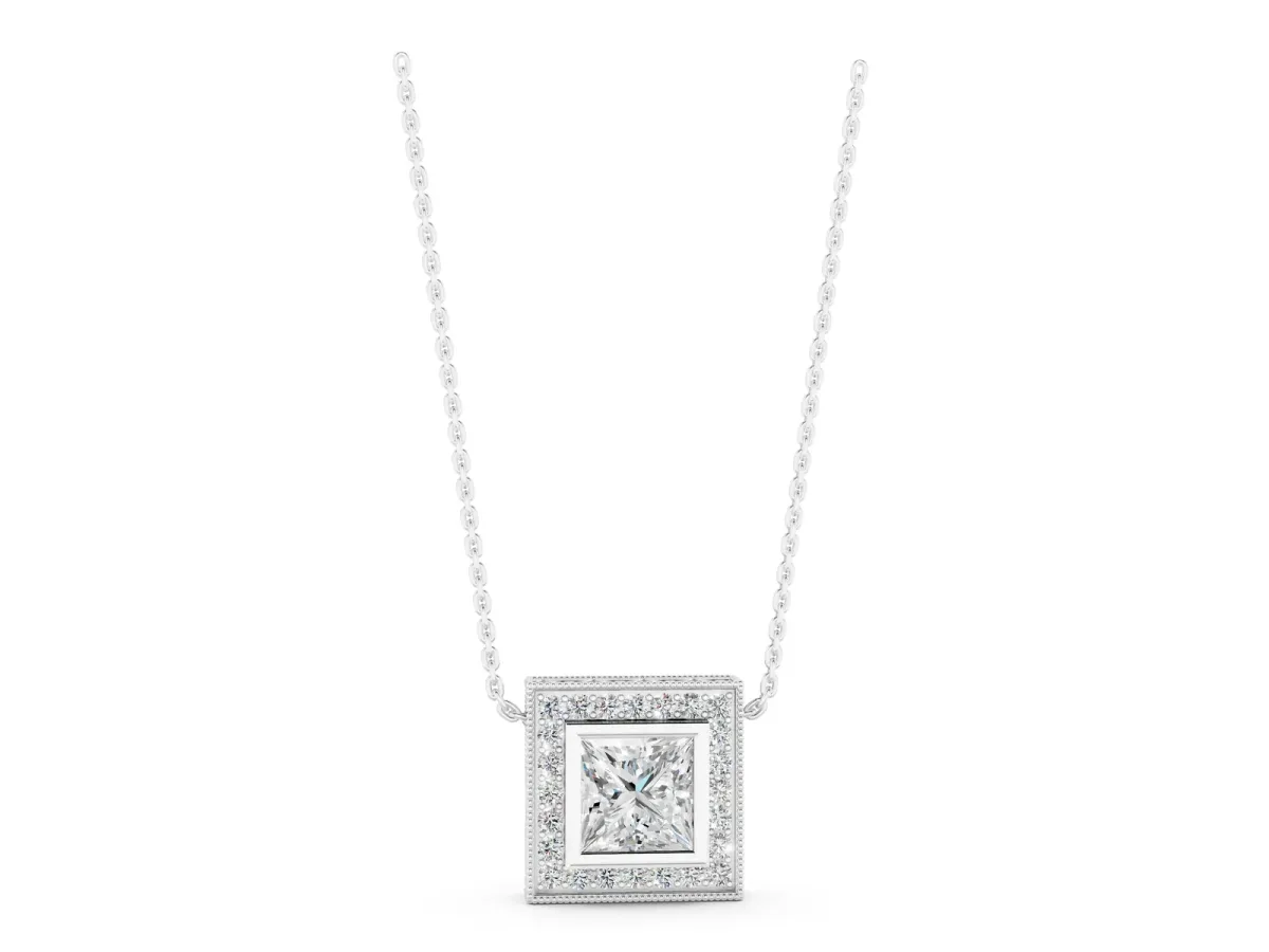 Princess Cut Halo Bezel Pendant Silver