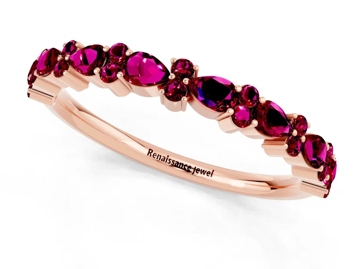 Pear and Round Garnet Wedding Band Rose gold