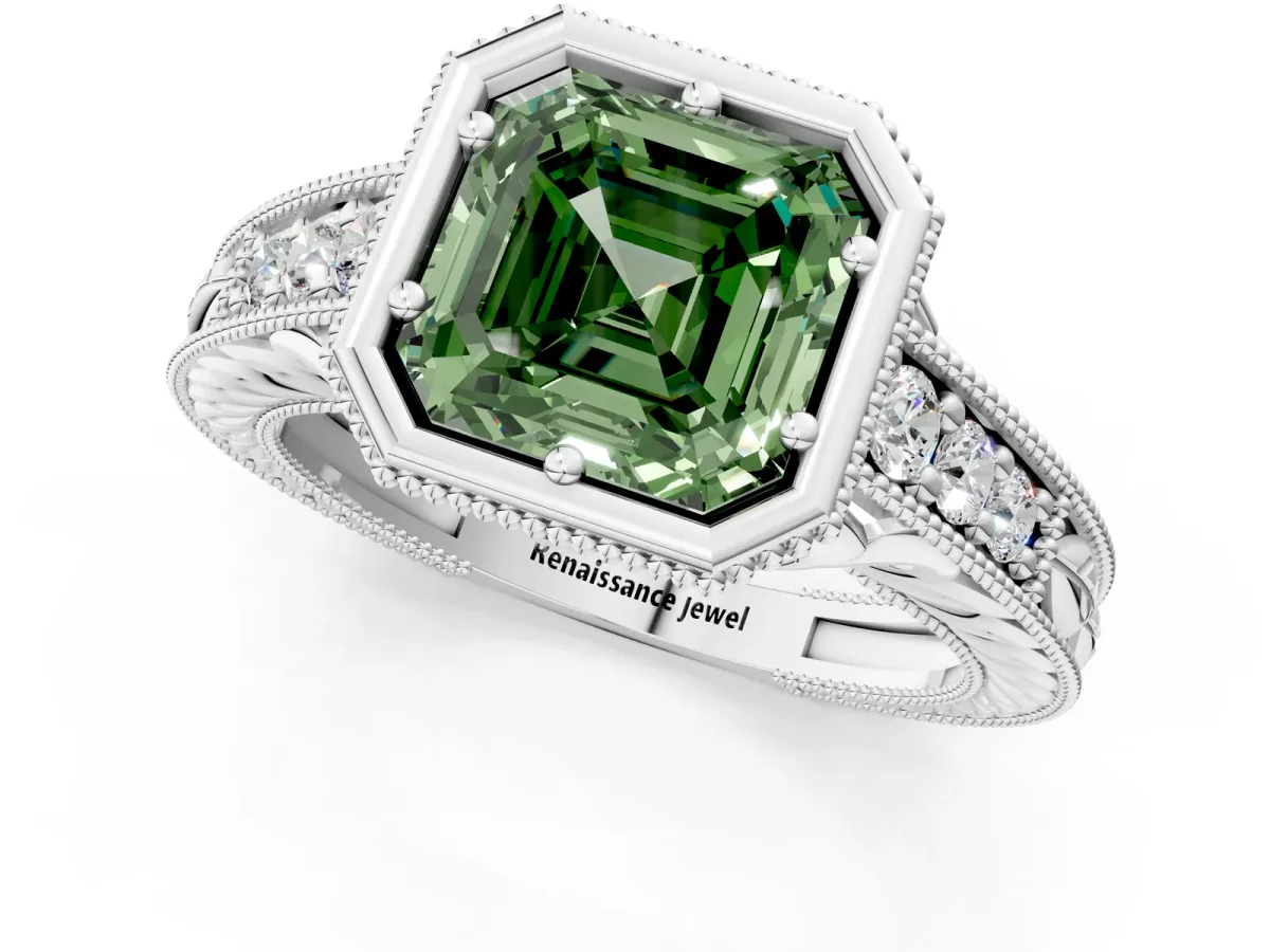 Fancy Green Bezel Set Asscher Cut Diamond Milgrain Pave Engagement Ring Platinum