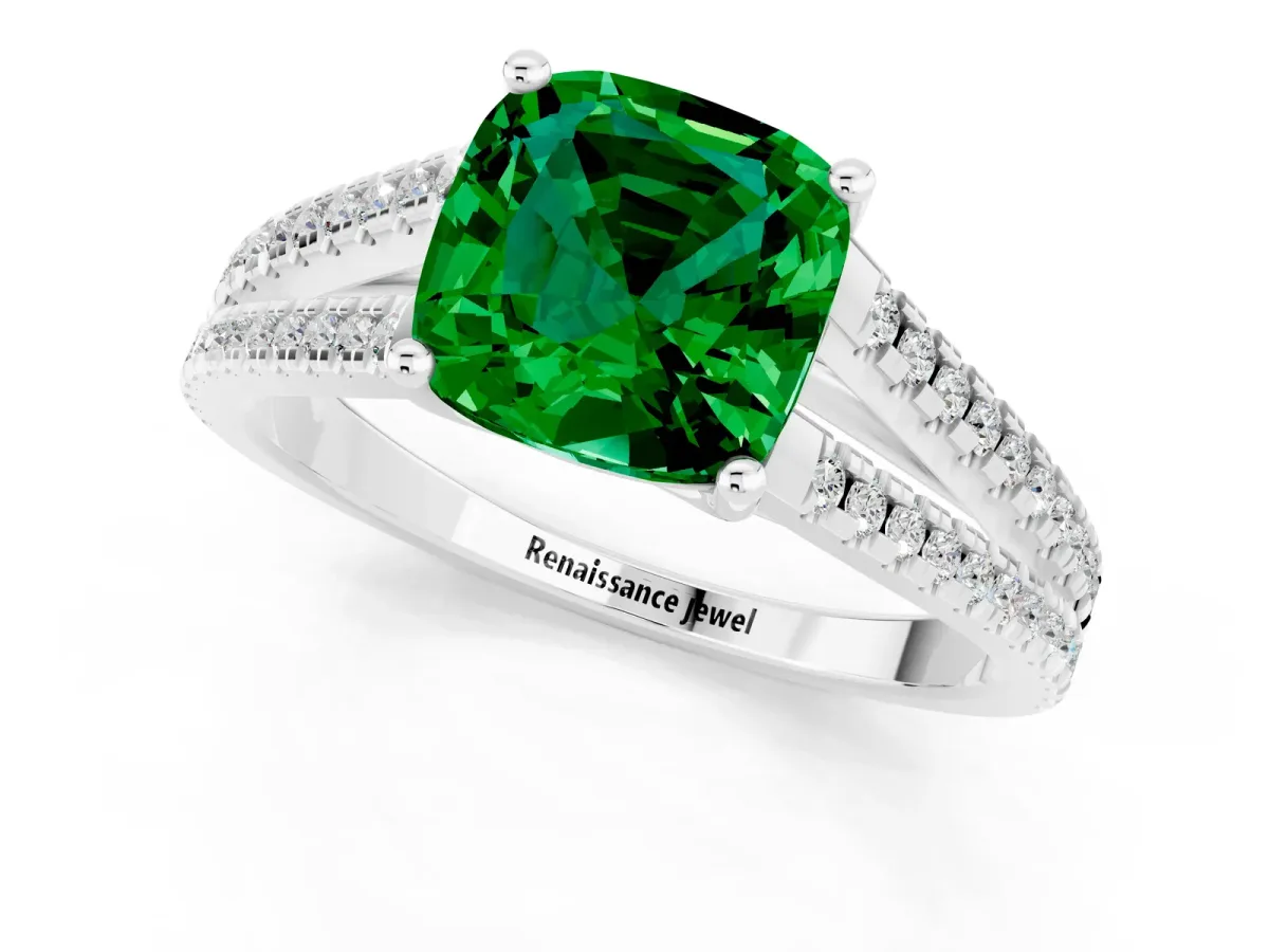 Cushion Cut Emerald Solitaire Engagement Ring with Split Shank Pavé Band Silver
