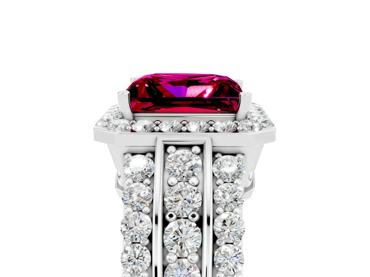 Princess Cut Halo Garnet Ring with Round Split Shank and Prong Setting White gold