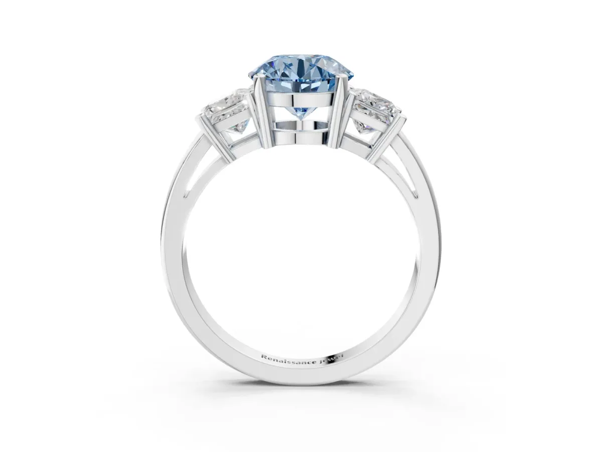 Fancy Blue Three-Stone Round Cut Cut Solitaire Ring with Prong Setting White gold