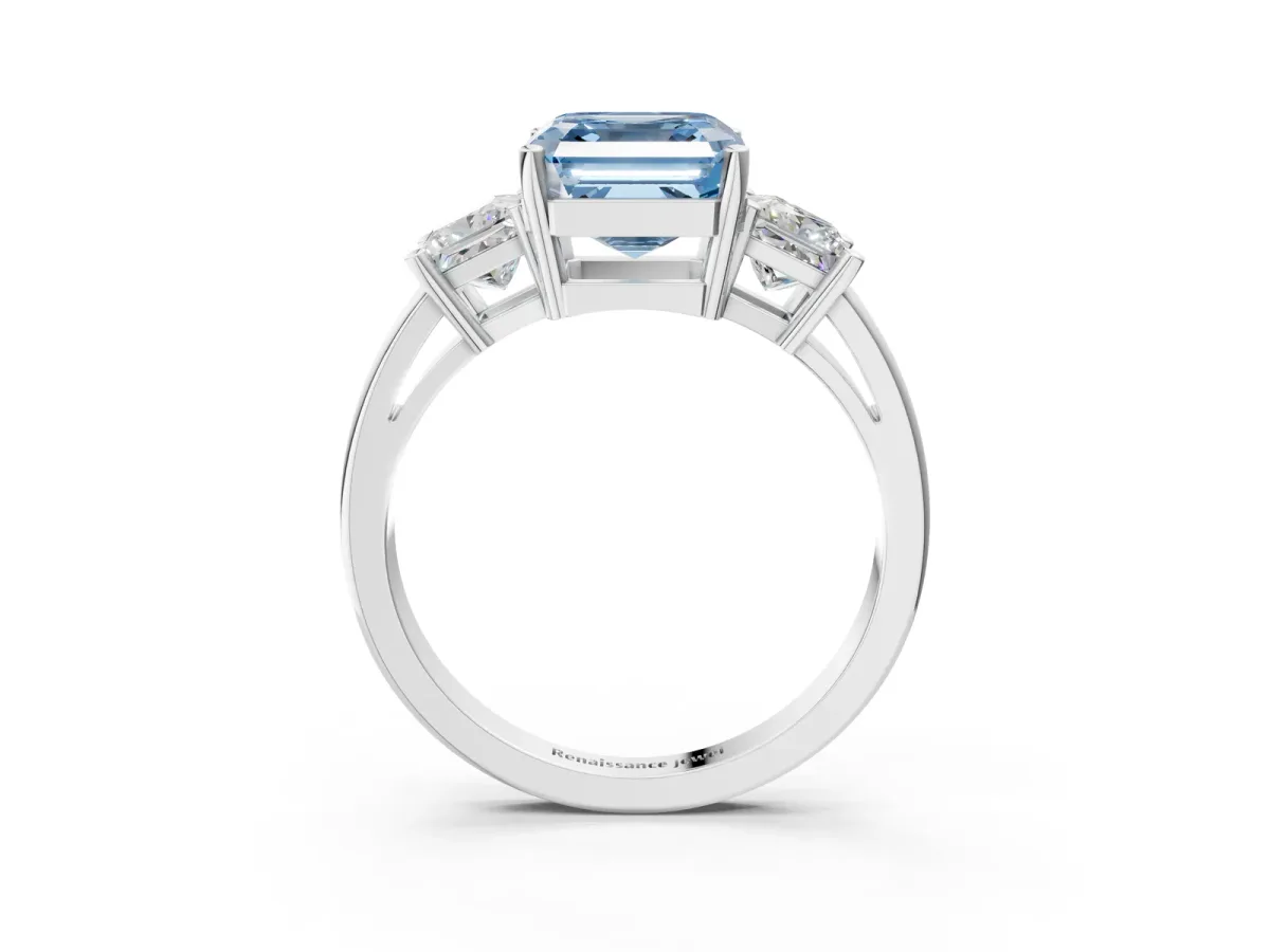 Fancy Blue Three-Stone Asscher Cut Cut Solitaire Ring with Prong Setting Platinum