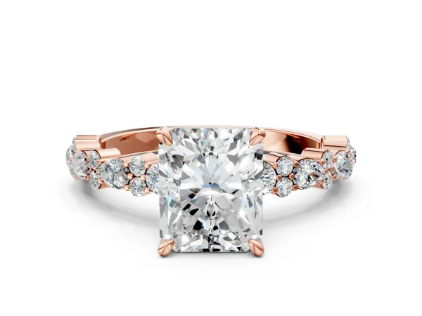 Radiant Cut Diamond Side Stone Solitaire Ring with Round and Four-Prong Setting Rose gold