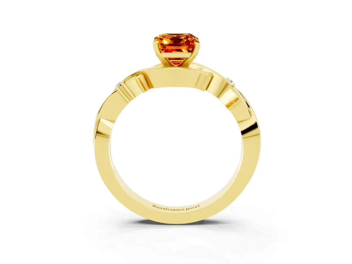 Emerald Cut Citrine Solitaire Ring with Twisted Band and Prong Setting Yellow gold