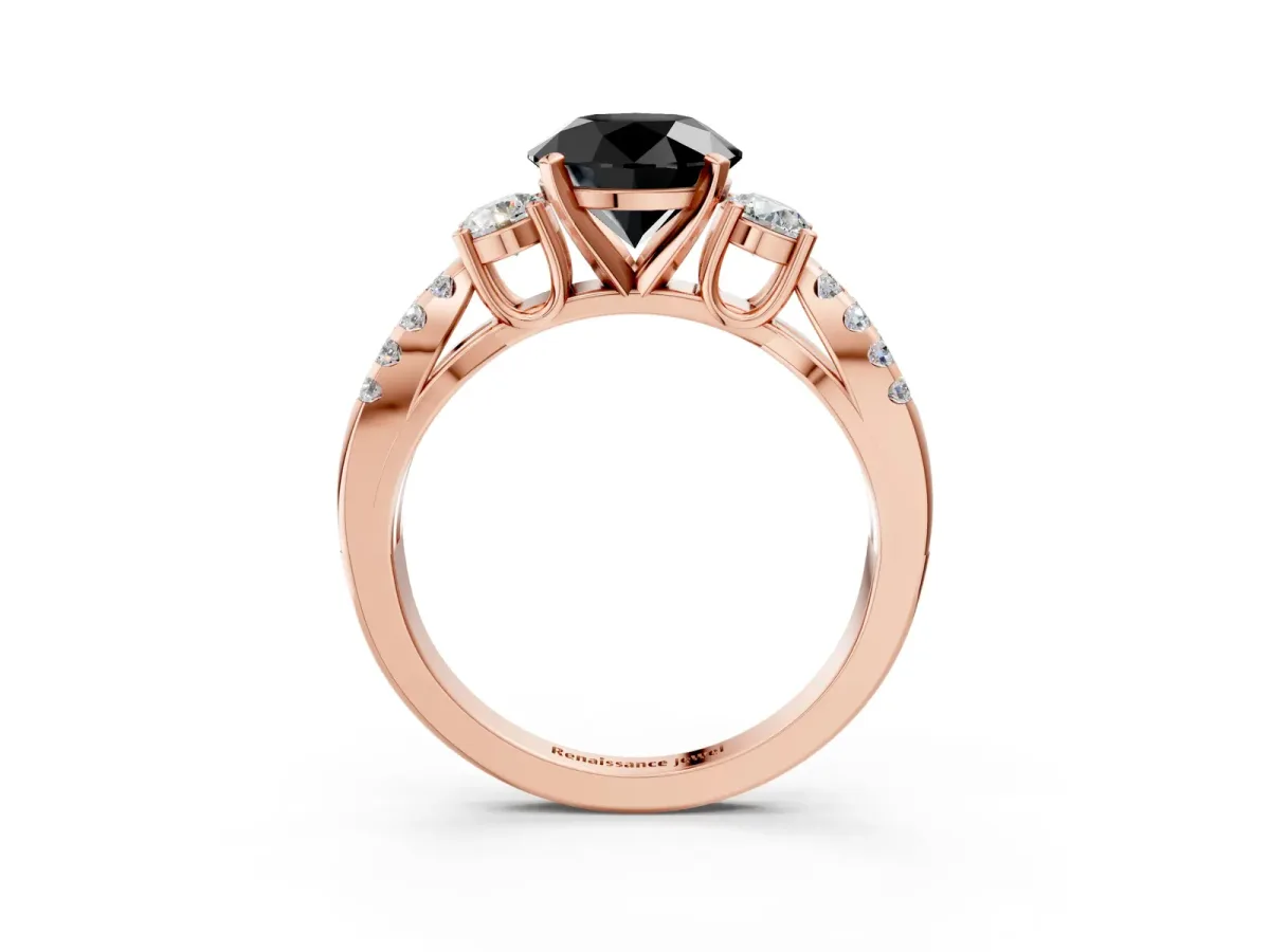 Fancy Black Round Cut Diamond Three-Stone Ring with Pavé Split Shank and Four-Prong Setting Rose gold