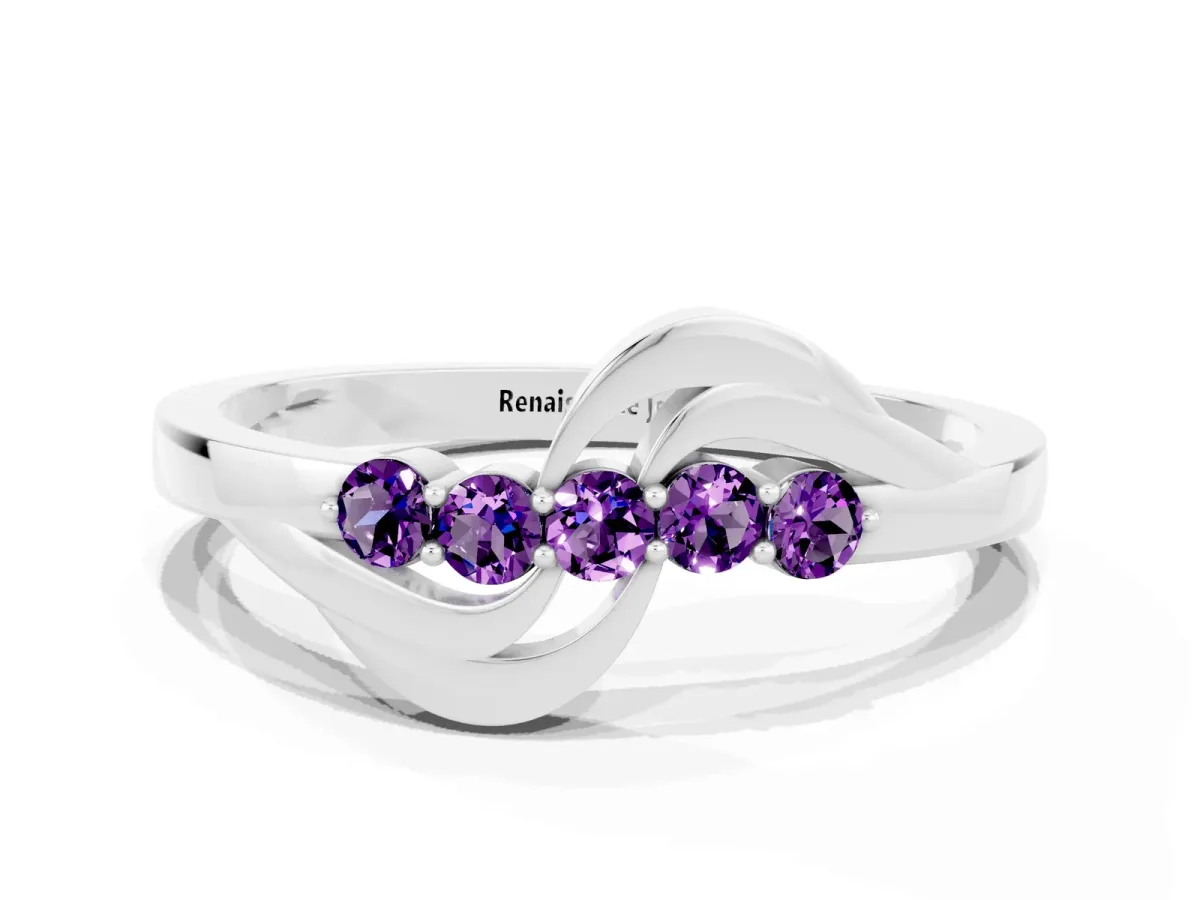 Five-Stone Round Amethyst Crossover Band with Prong Setting White gold
