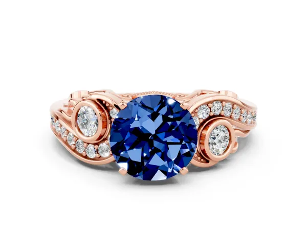 Round Cut Blue Sapphire Solitaire Ring with Milgrain Pavé Band and Four-Prong Setting Rose gold