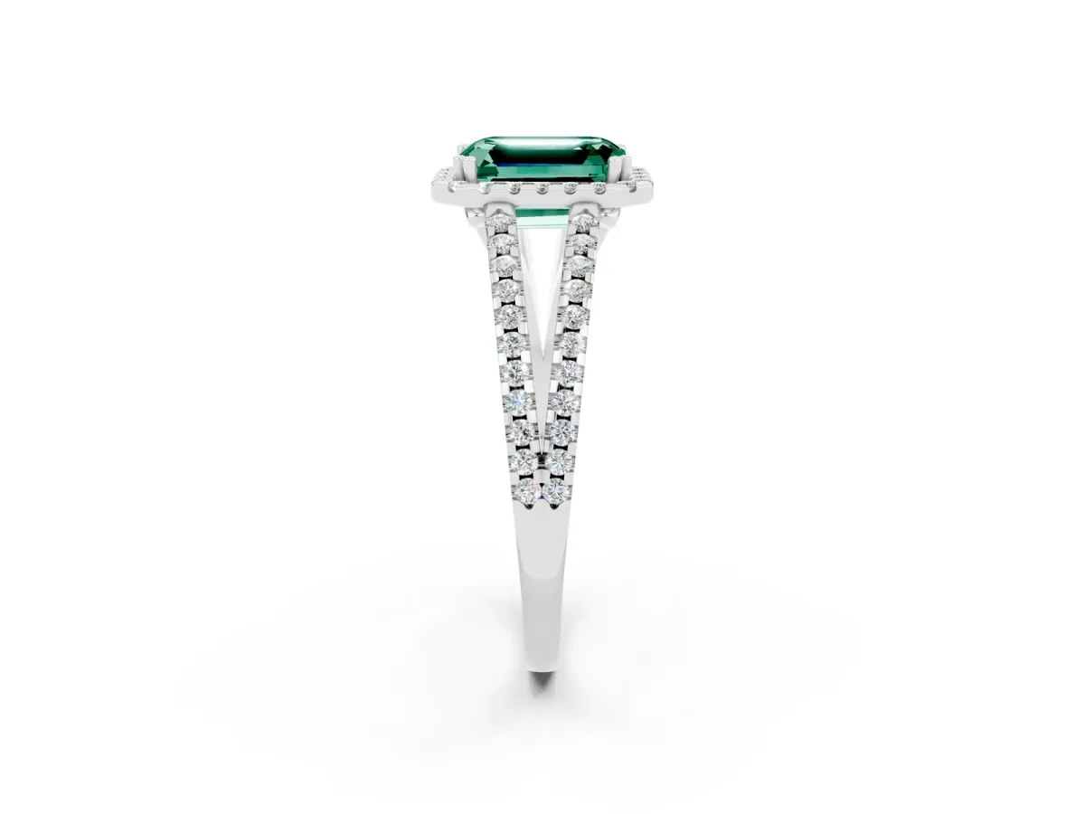 Emerald Cut Green Sapphire Halo Split Shank Engagement Ring Platinum