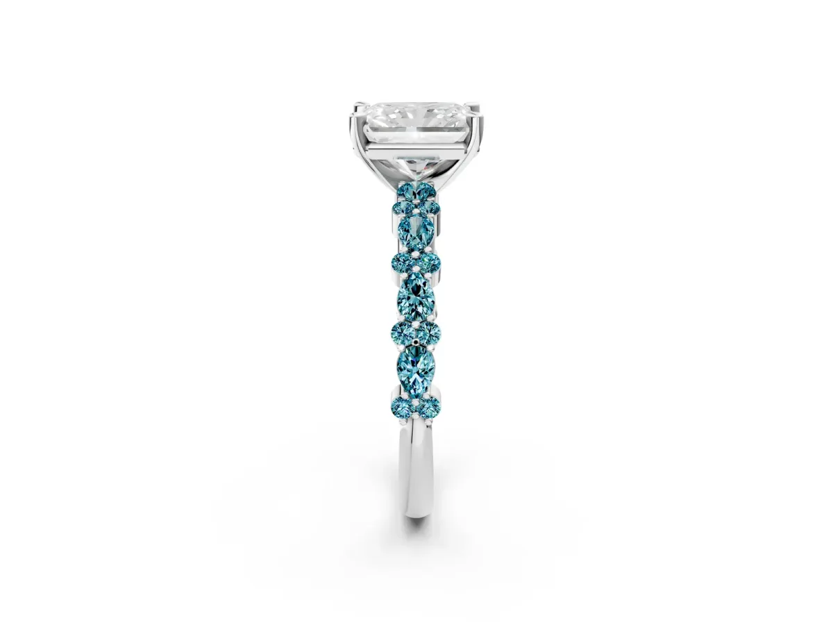 Radiant Cut Diamond Side Stone Solitaire Ring with Round Blue Topaz and Four-Prong Setting Silver