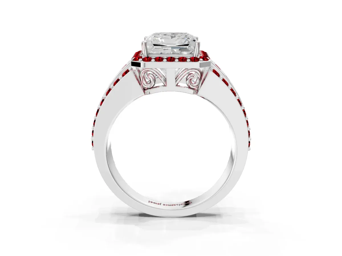 Princess Cut Halo Diamond Ring with Round Ruby Split Shank and Prong Setting Platinum