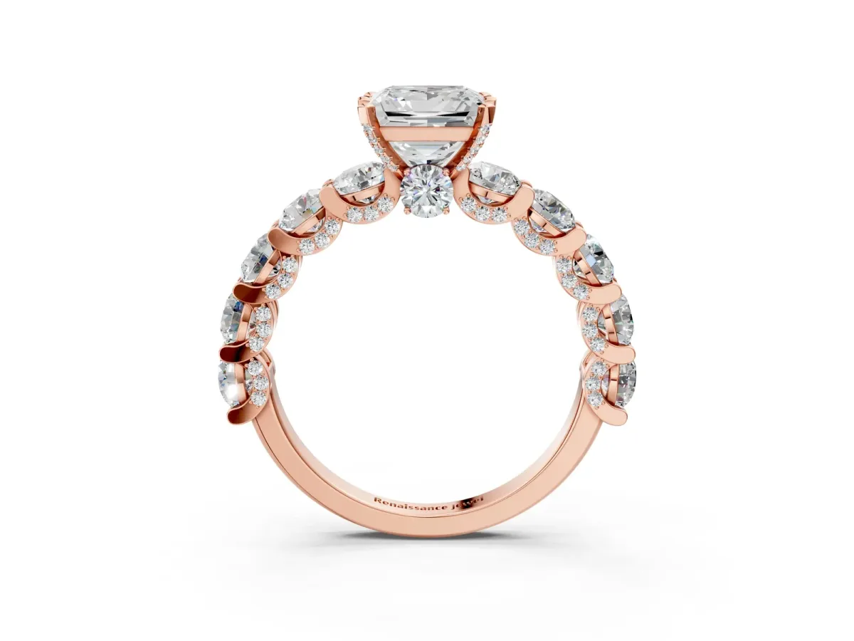 Princess Cut Diamond Side Stone Engagement Ring with Four-Prong Setting Rose gold