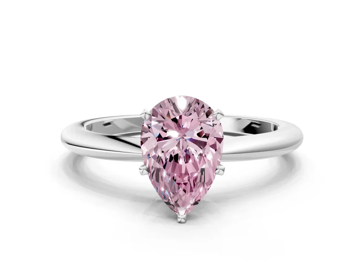 Fancy Pink Pear Cut Diamond Solitaire Ring with Six-Prong Setting and Classic Band Silver