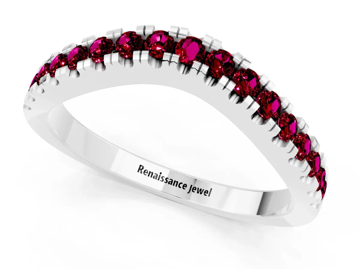 Round Garnet Pavé Curved Band with Shared Prong Setting White gold