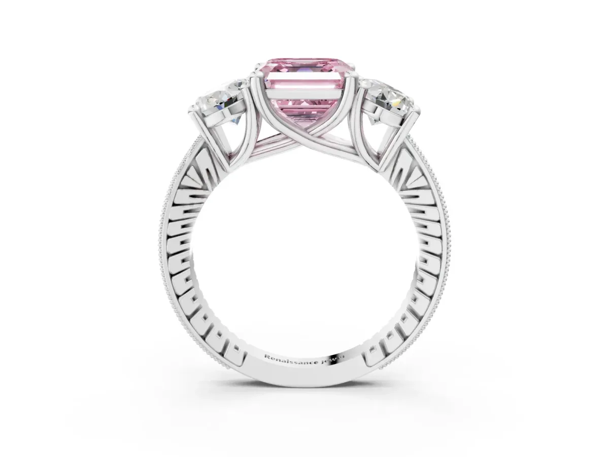 Fancy Pink Three-Stone Asscher Cut Diamond Milgrain Pave Band with Prong Setting Platinum