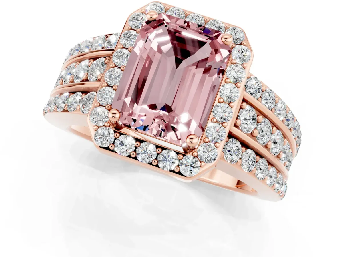 Emerald Cut Halo Morganite Ring with Round Split Shank and Prong Setting Rose gold