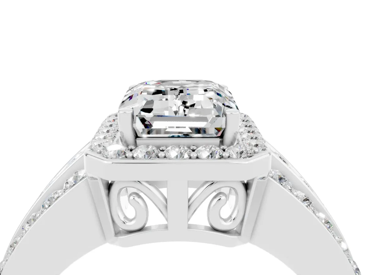 Emerald Cut Halo Moissanite Ring with Round Split Shank and Prong Setting Silver