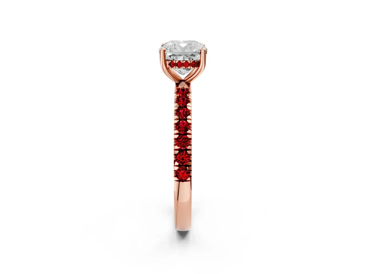 Cushion Cut Diamond Pave Band Solitaire Ring with Round Ruby and Prong Setting Rose gold