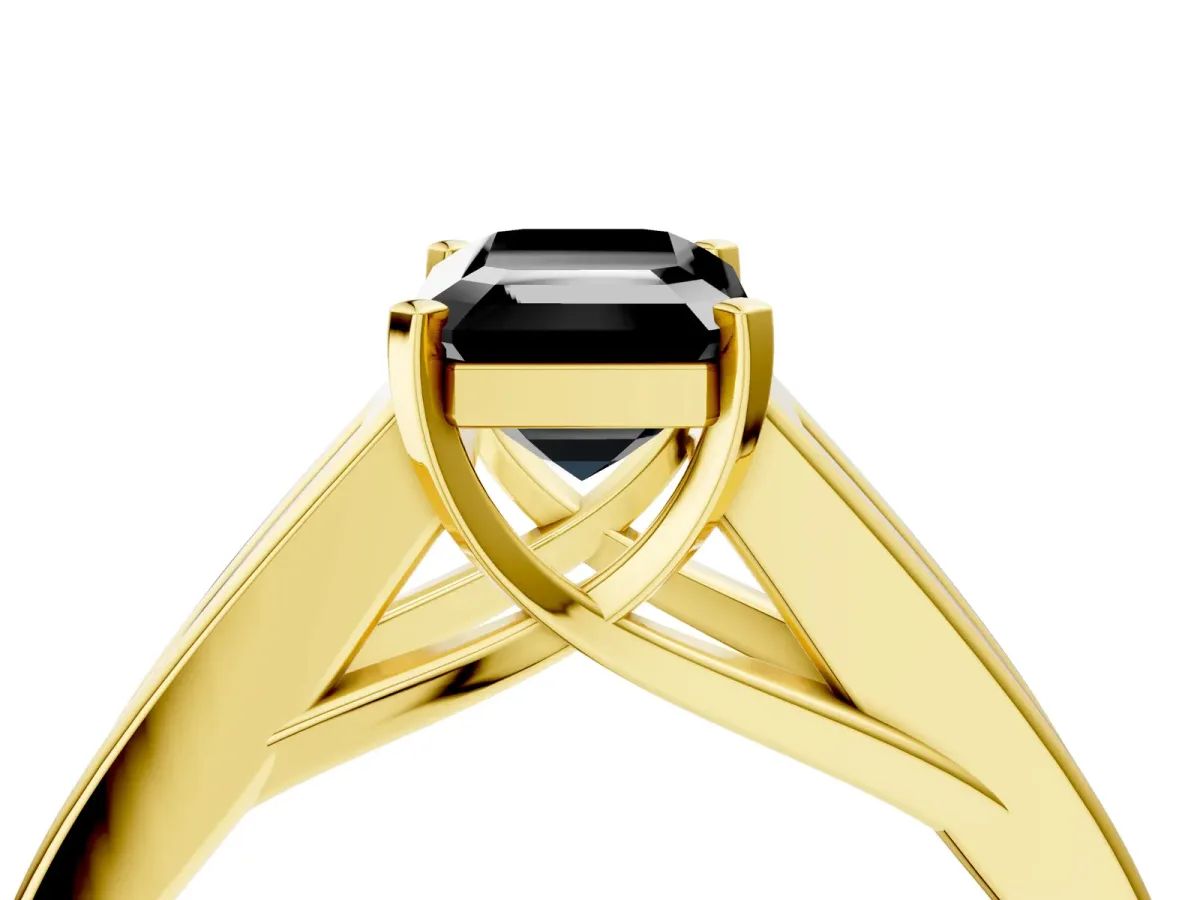 Fancy Black Emerald Cut Cut Channel Set Solitaire Ring with Four-Prong Setting Yellow gold