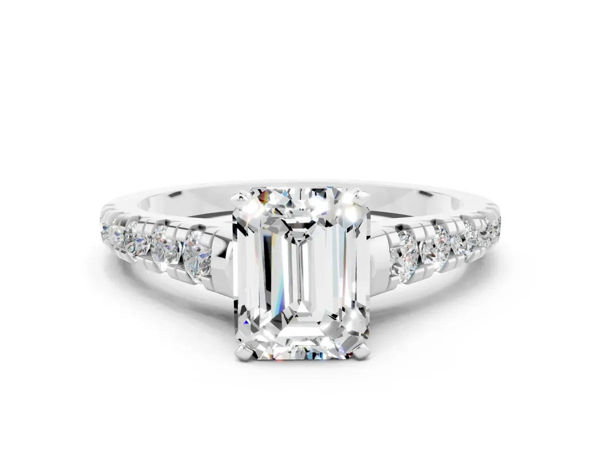 Emerald Cut Moissanite Cathedral Solitaire Ring with Round Pavé Band Silver