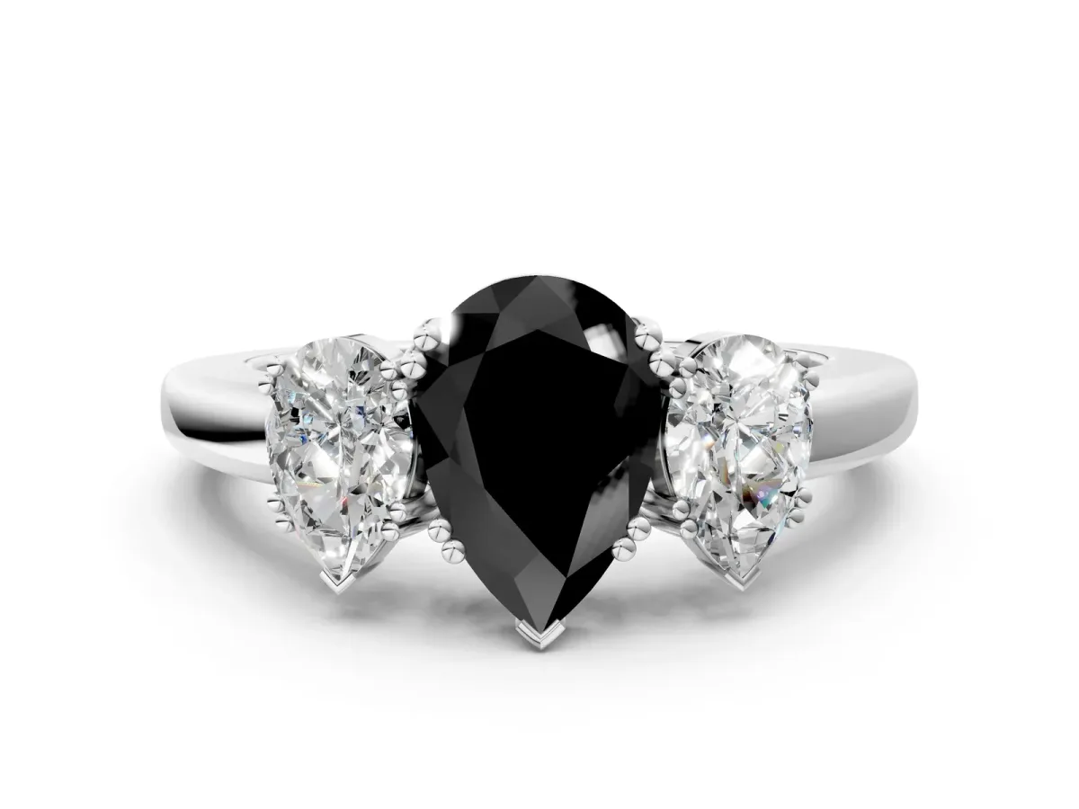 Fancy Black Three-Stone Pear Cut Cut Diamond Ring with Channel Set Band and Four-Prong Setting Silver