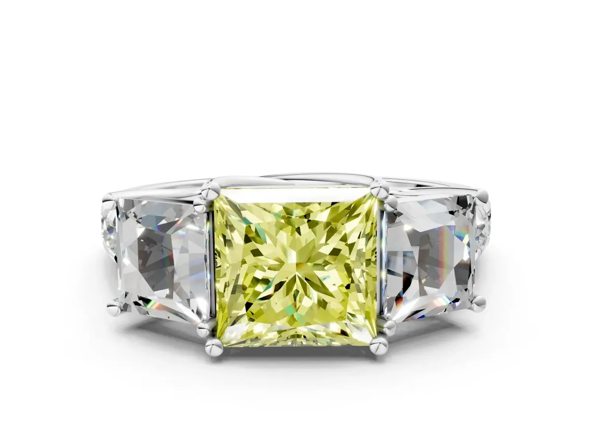 Fancy Yellow Three-Stone Princess Cut Diamond Pavé Band with Prong Setting Platinum