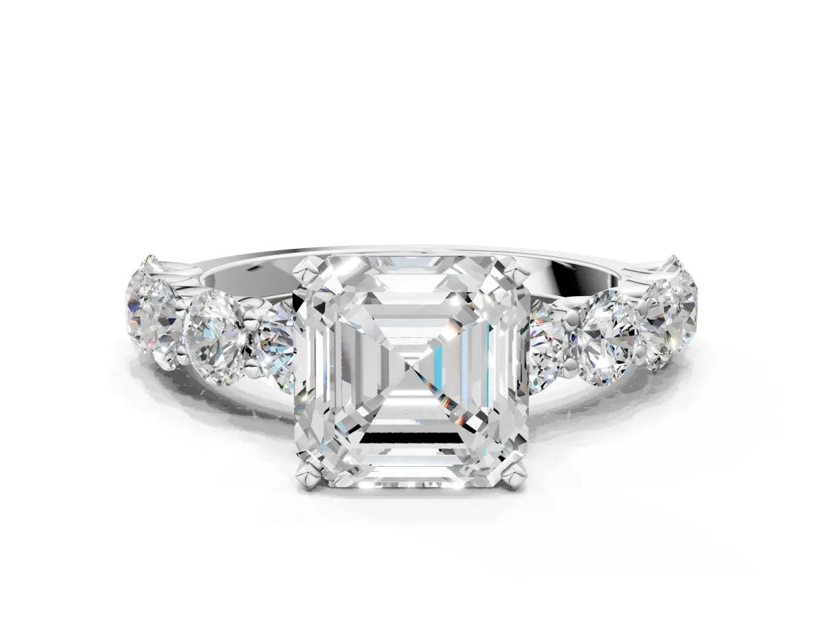 Asscher Cut Diamond Prong Setting with Side Stones on a Pave Band Platinum