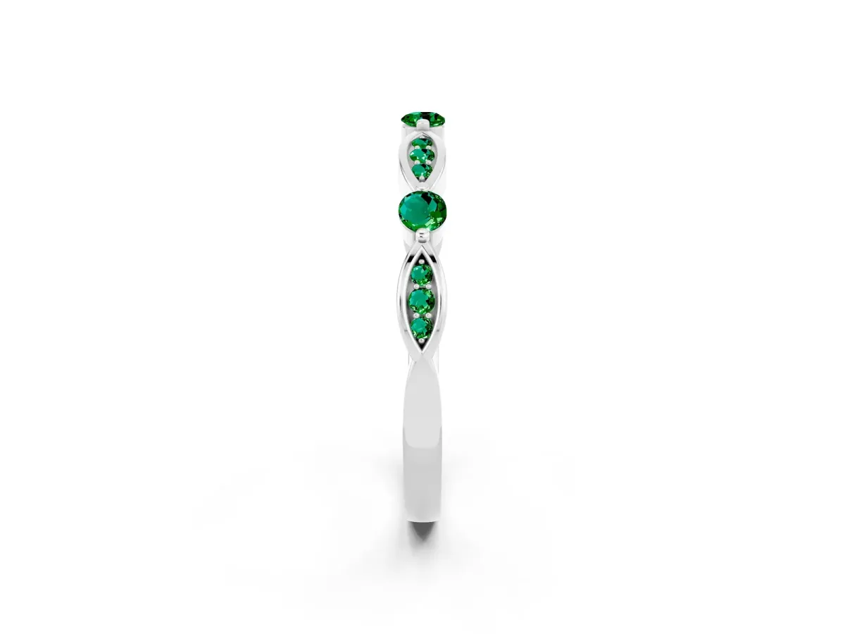 Marquise and Round Emerald Milgrain Band with Bezel Setting White gold