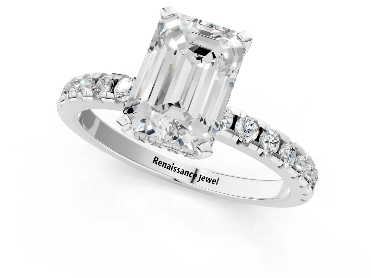 Emerald Cut Diamond Solitaire Ring with Round Pavé Band and Four-Prong Setting Platinum