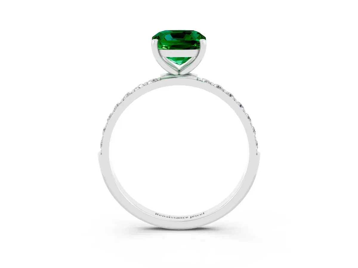 Cushion Cut Emerald Solitaire Ring with Round Pavé Band and Prong Setting Silver