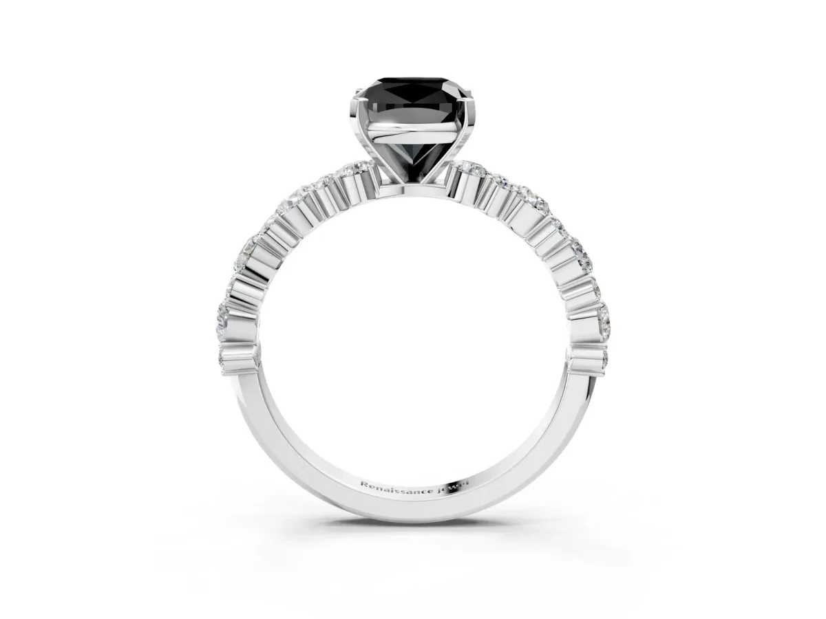 Fancy Black Cushion Cut Diamond Side Stone Solitaire Ring with Round and Four-Prong Setting Platinum