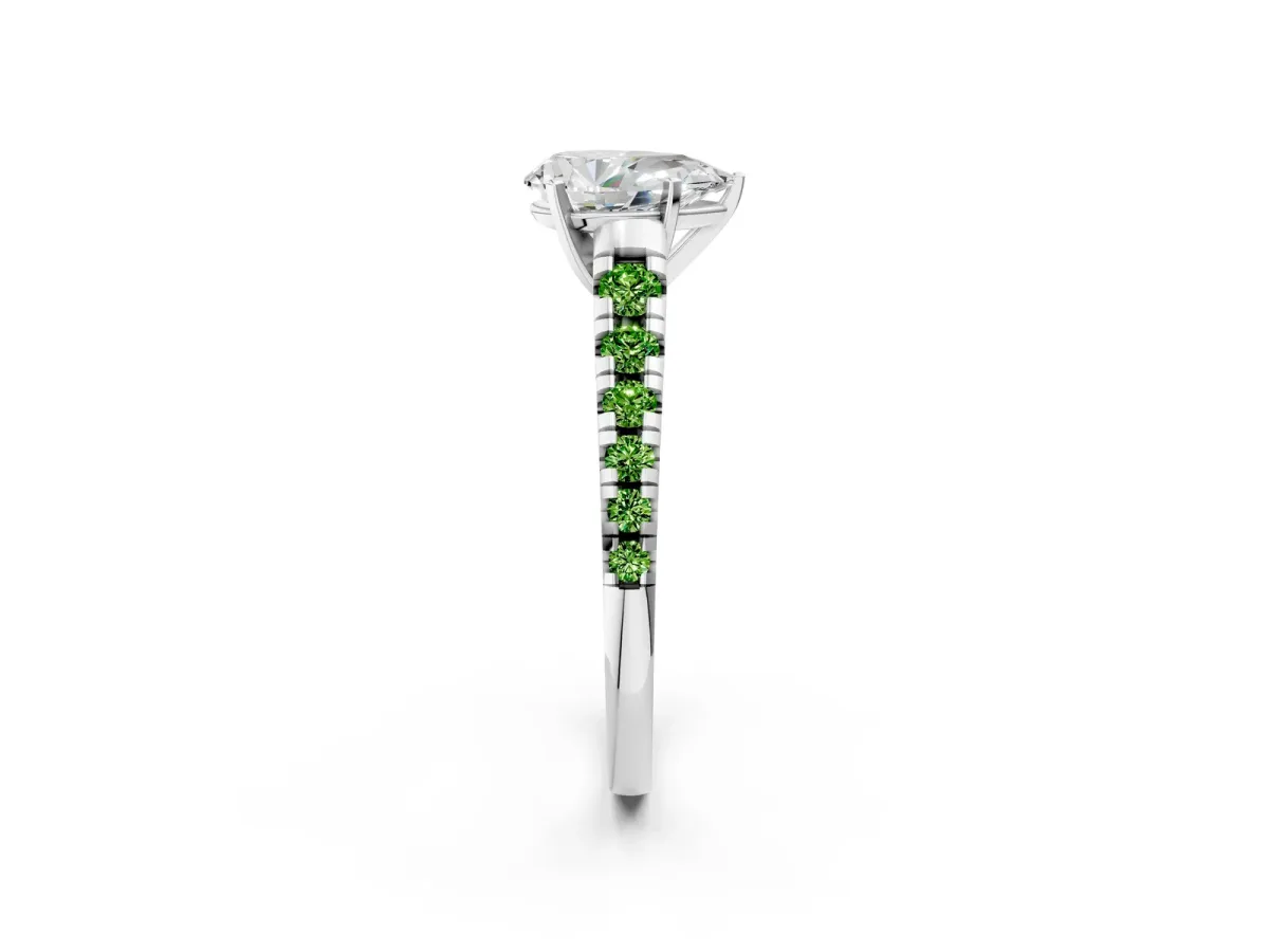 Pear Cut Diamond Cathedral Solitaire Ring with Round Peridot Pavé Band Platinum