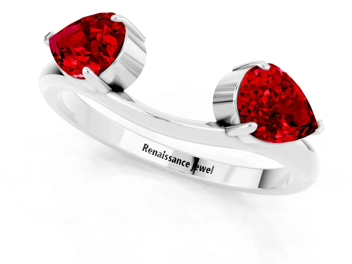 Two-Stone Pear Ruby Bypass Ring with Prong Setting Silver