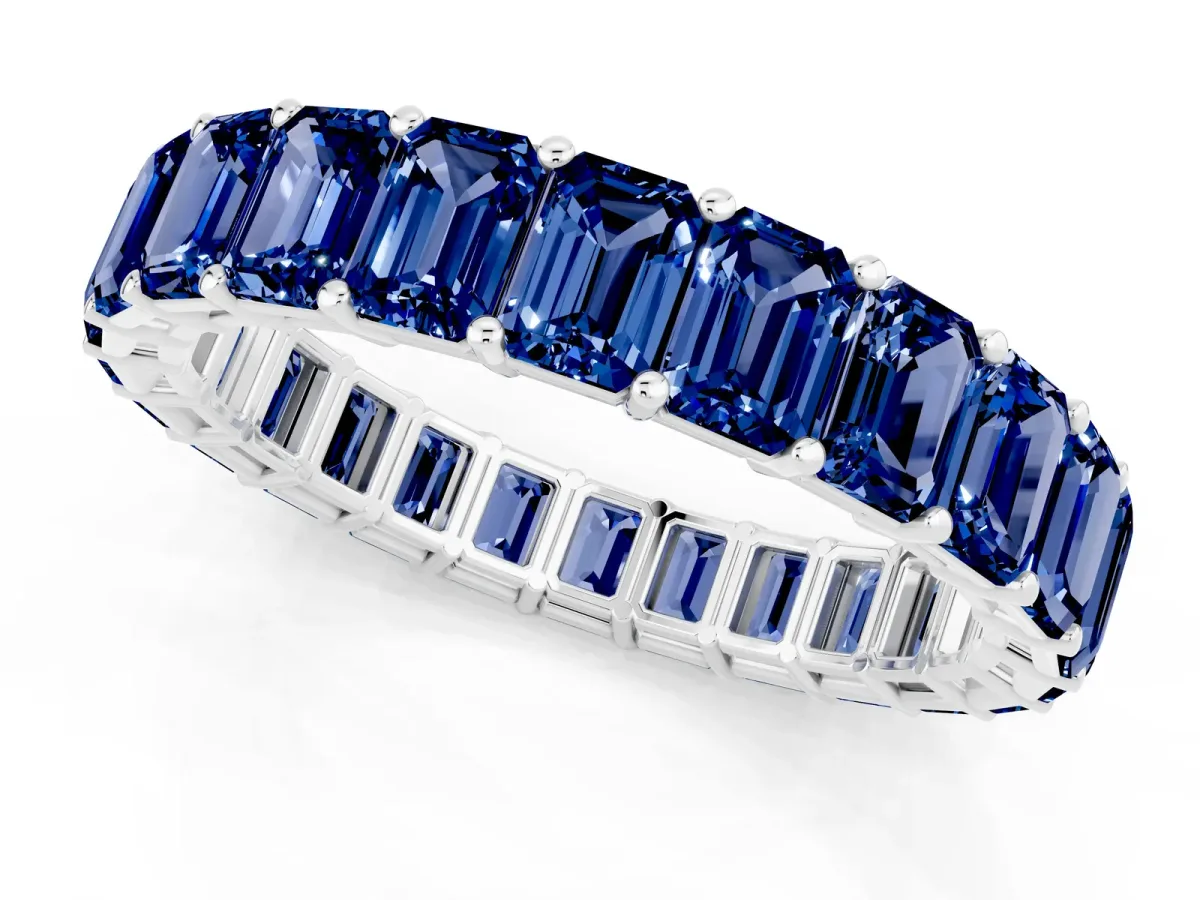 Emerald Cut Blue Sapphire Eternity Band with Shared Prong Setting Silver
