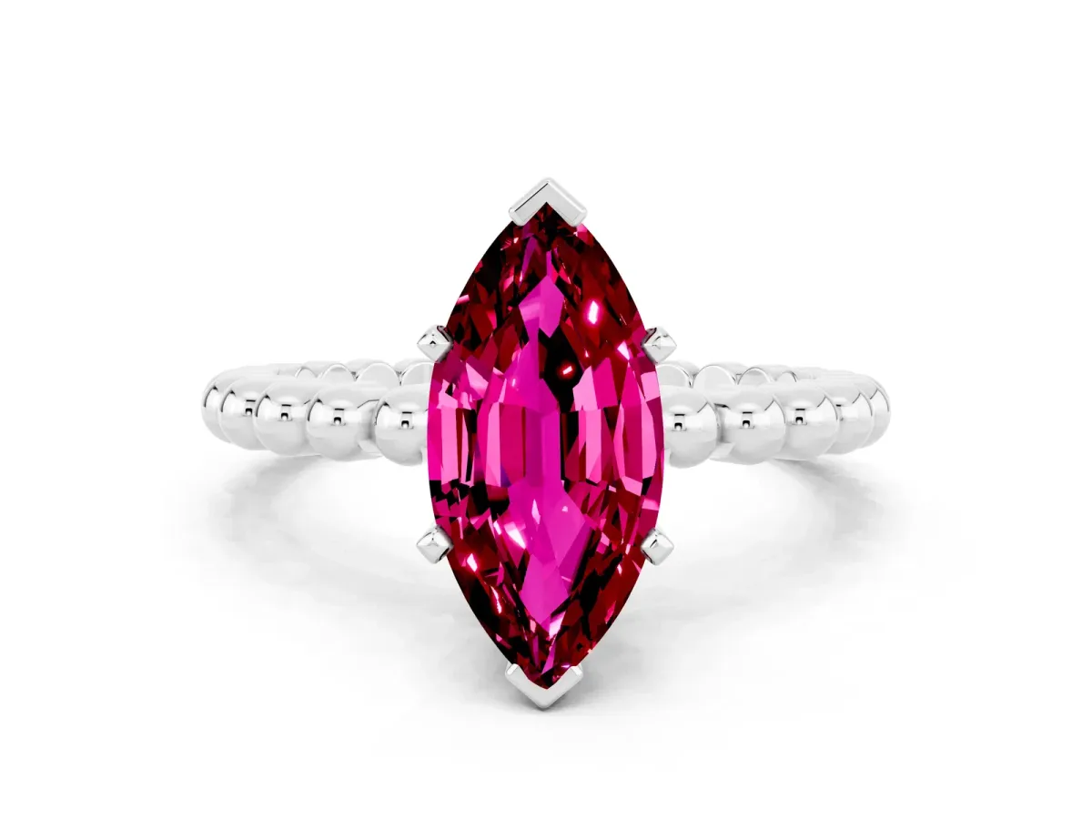 Marquise Cut Garnet Solitaire Ring with Beaded Band and Prong Setting Platinum