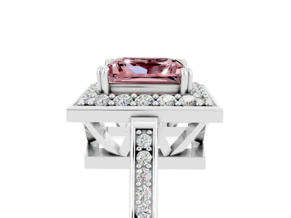 Princess Cut Morganite Halo Ring with Split Shank and Four-Prong Setting Platinum