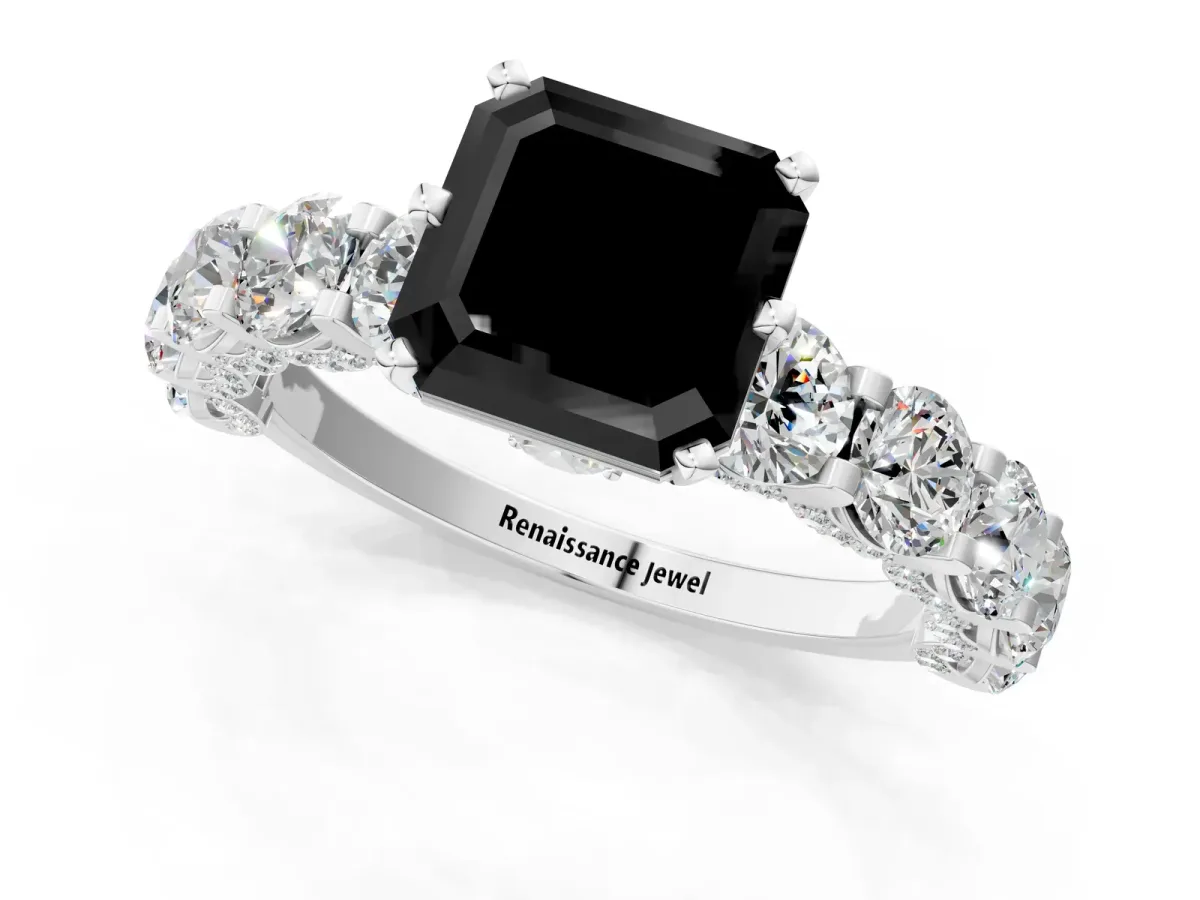Fancy Black Asscher Cut Diamond Side Stone Engagement Ring with Four-Prong Setting White gold