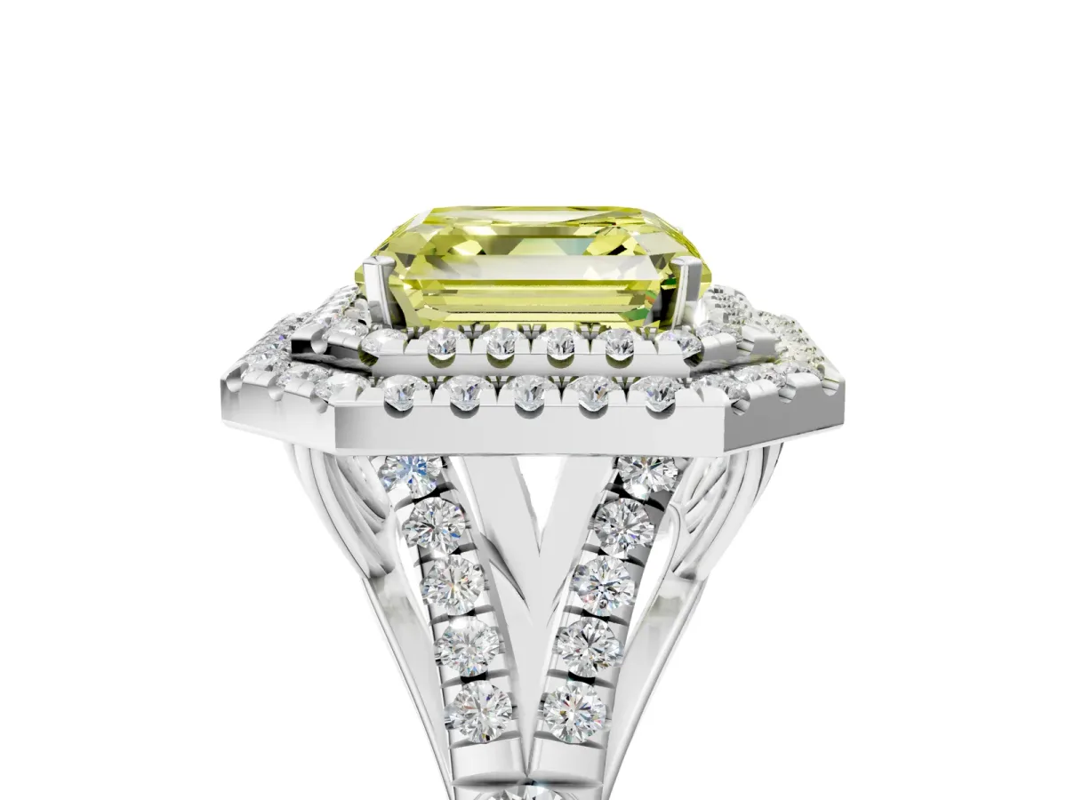 Fancy Yellow Asscher Cut Diamond Pavé Split Shank Double Halo Engagement Ring Platinum