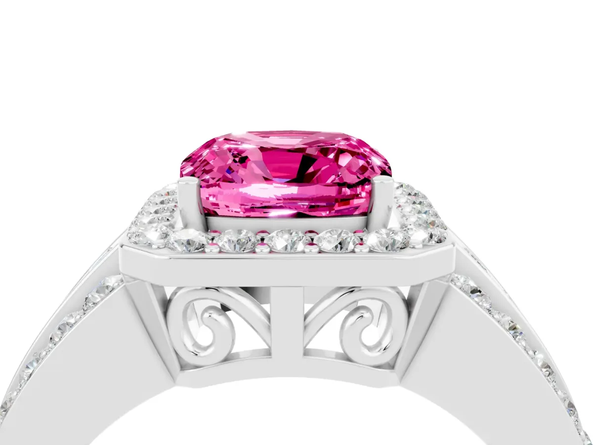 Cushion Cut Halo Pink Sapphire Ring with Round Split Shank and Prong Setting Silver