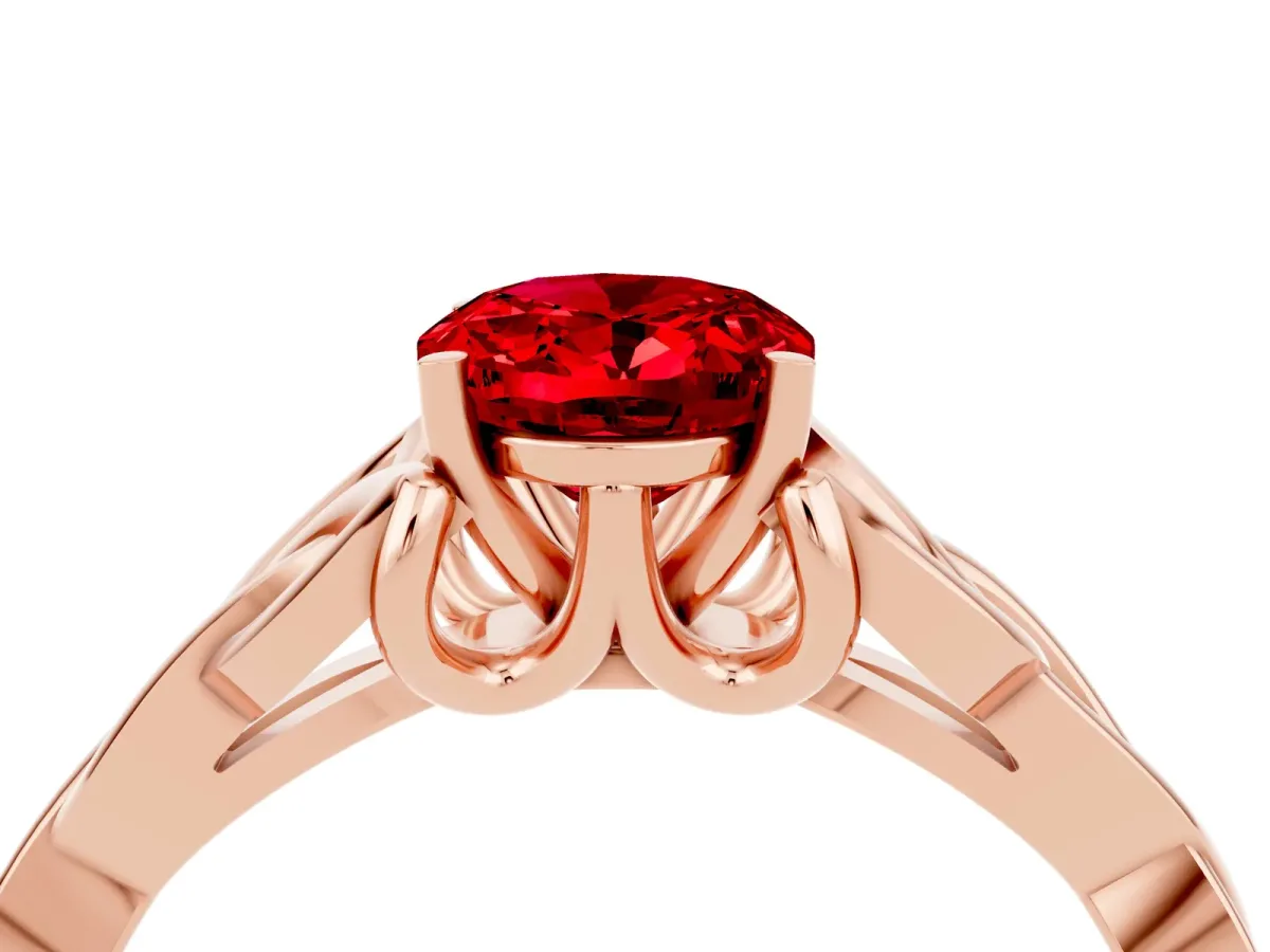 Oval Cut Ruby Solitaire Engagement Ring with Celtic Knot Band and Four-Prong Setting Rose gold