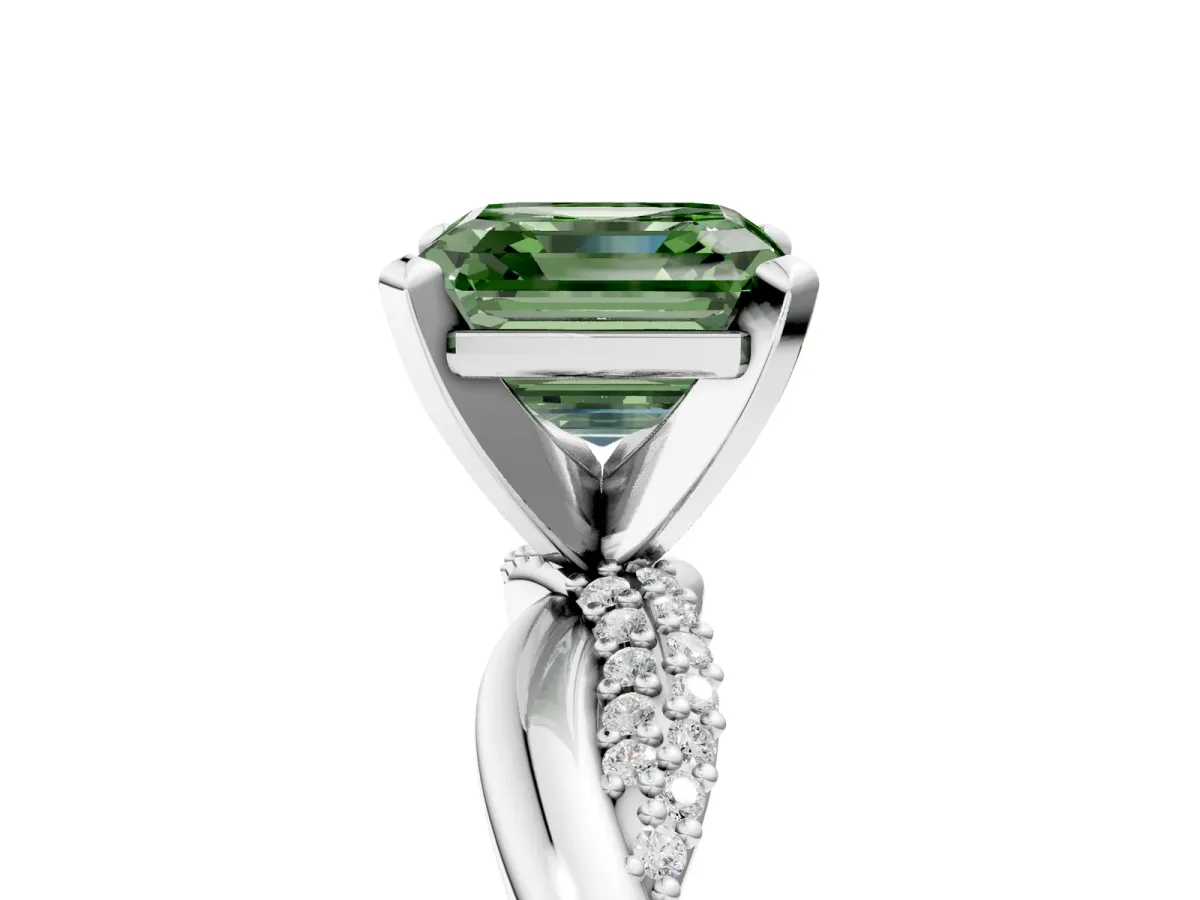 Fancy Green Asscher Cut Solitaire Twist Band with Pave Prong Setting Platinum