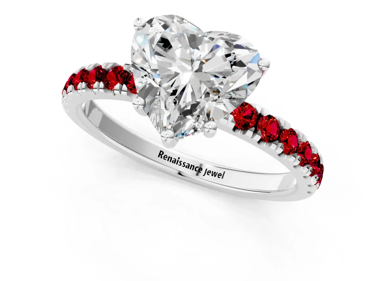 Heart Cut Diamond Pave Band Solitaire Ring with Round Ruby and Prong Setting Platinum