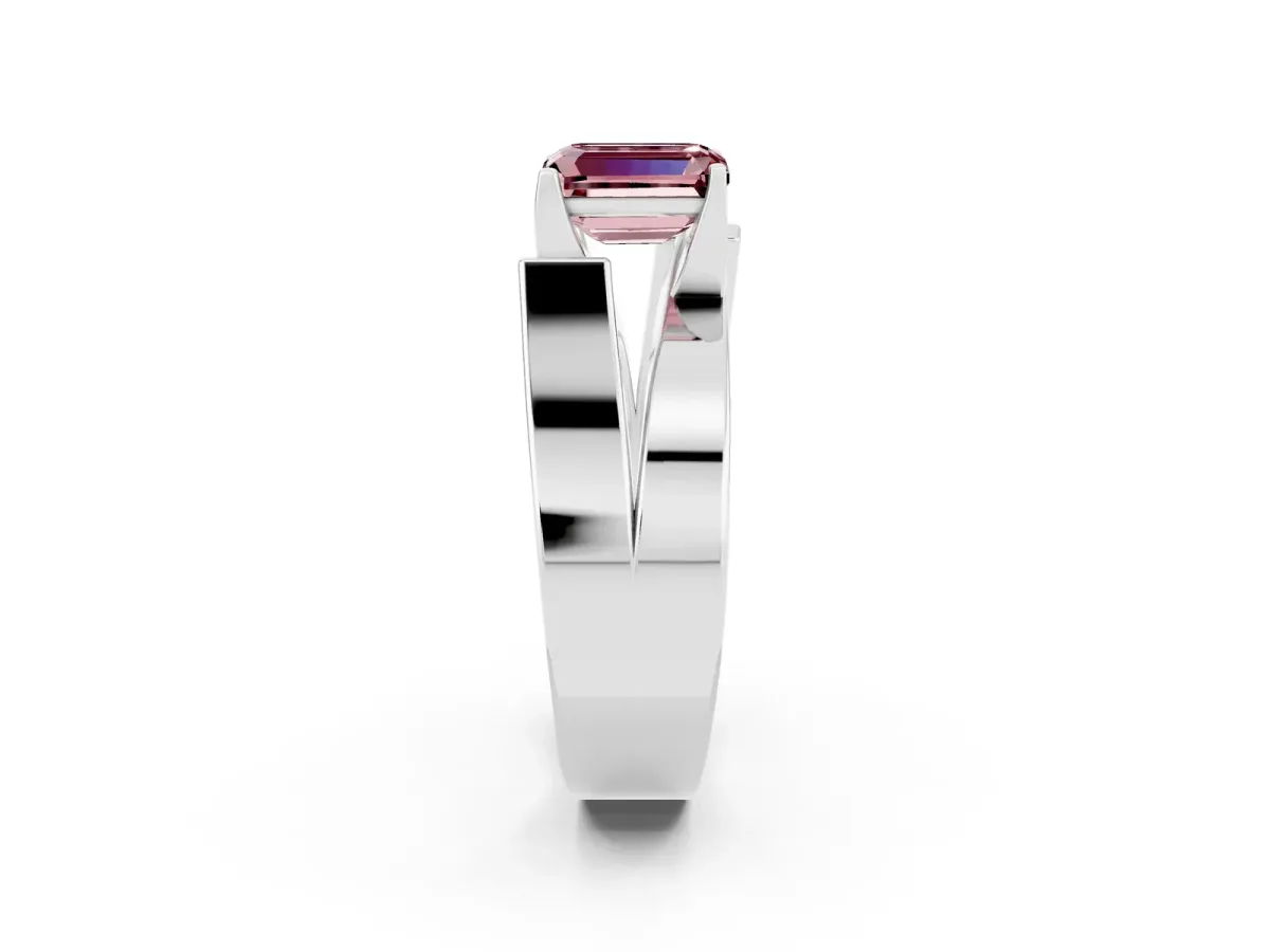 Modern Tension Set Emerald Cut Morganite Solitaire Wide Band Ring Platinum