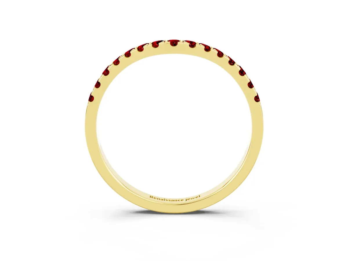 Curved Pavé Round Ruby Wedding Band with Shared Prong Setting Yellow gold