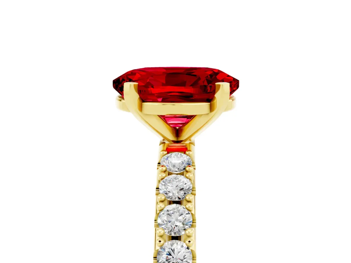 Oval Cut Ruby Solitaire Pavé Band with Four-Prong Setting Yellow gold