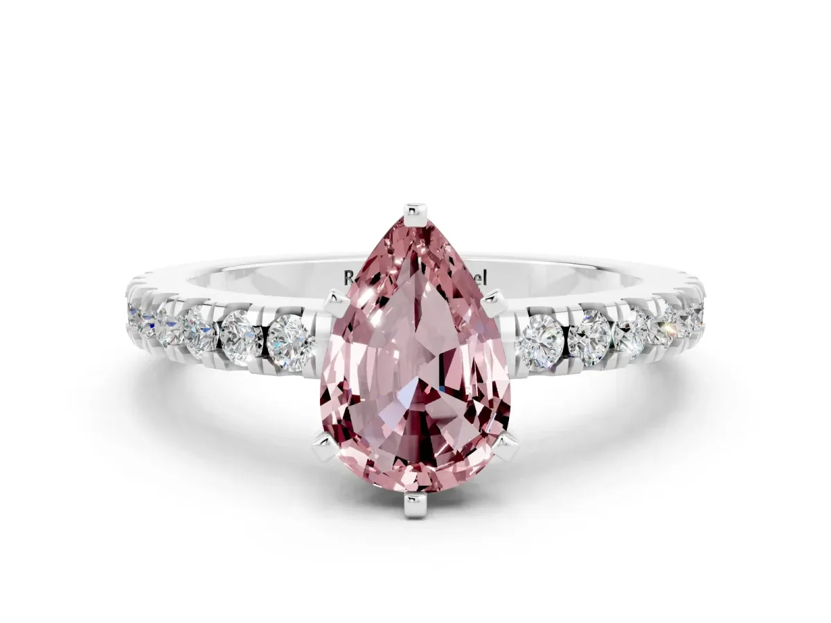 Pear Cut Solitaire Morganite with Pavé Band and Four-Prong Setting Silver