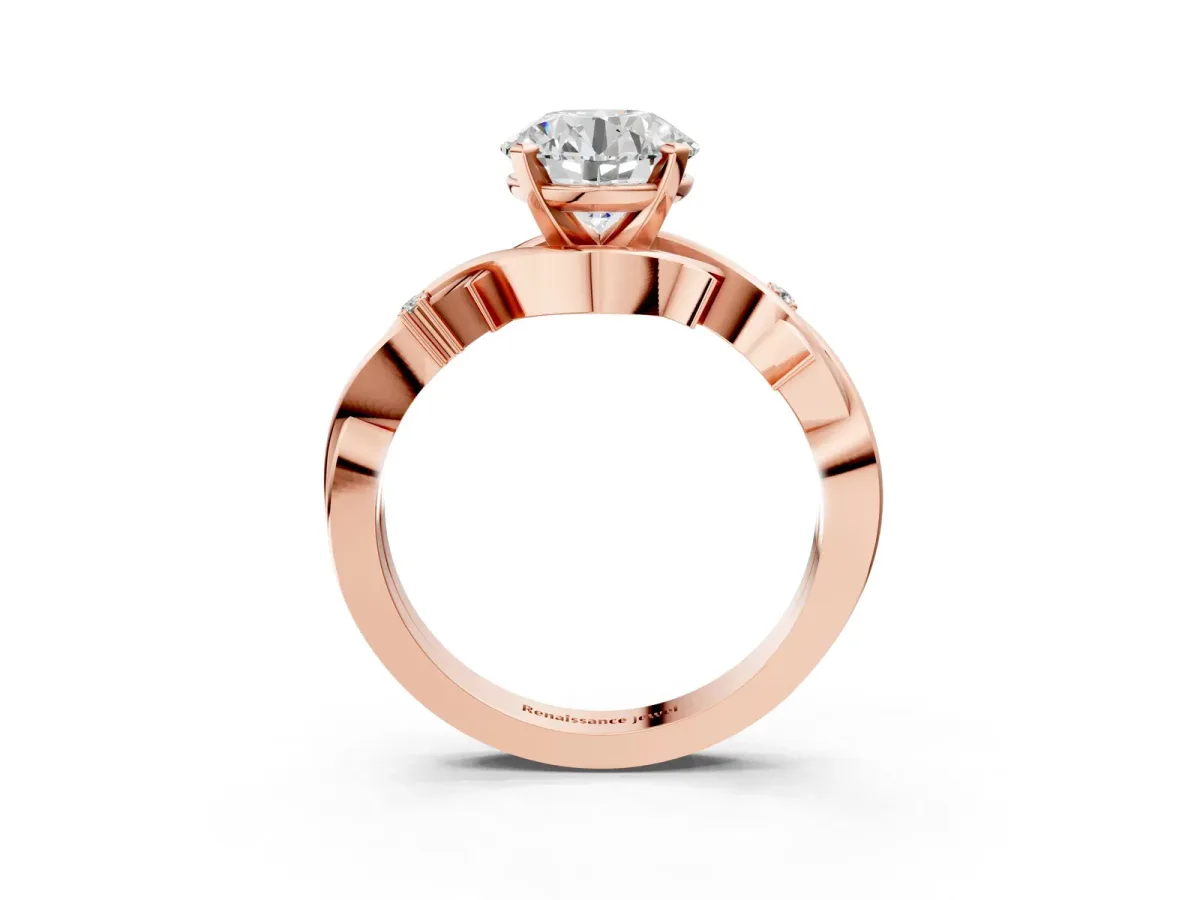 Round Cut Diamond Solitaire Ring with Twisted Band and Prong Setting Rose gold