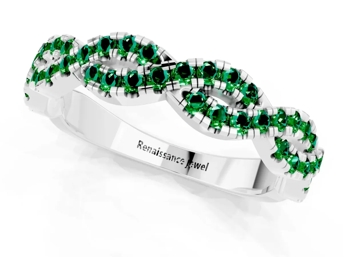 Round Emerald Twisted Eternity Band with Pavé and Shared Prong Setting Silver