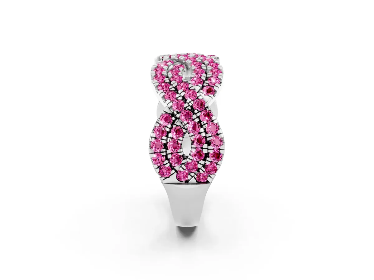 Pavé Round Pink Sapphire Infinity Twist Band with Shared Prong Setting Platinum